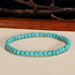天然原矿绿松石手链4mm单圈 湖北十堰高瓷蓝铁线绿松圆珠手串WG86
