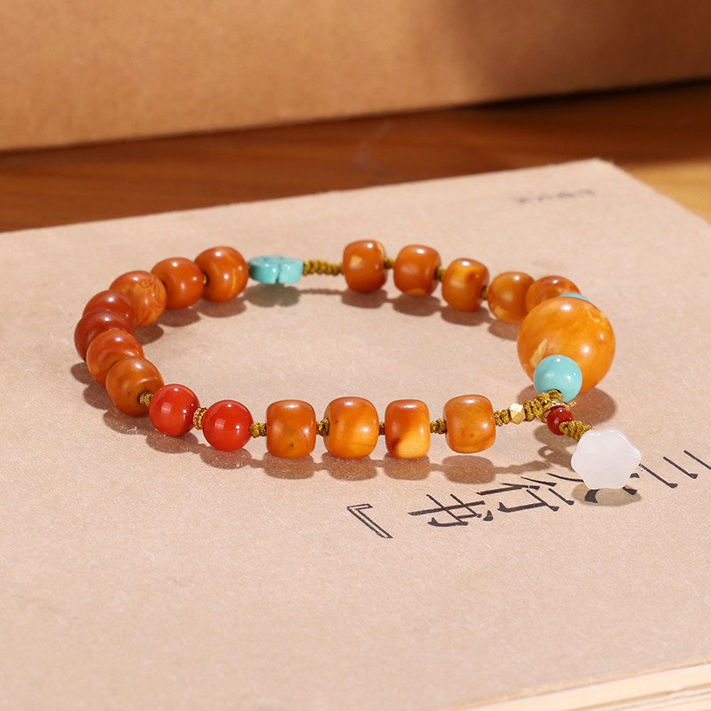 天然俄料老蜜蜡老型珠手串7mm 原创设计款 古董老蜡手链 一物一图