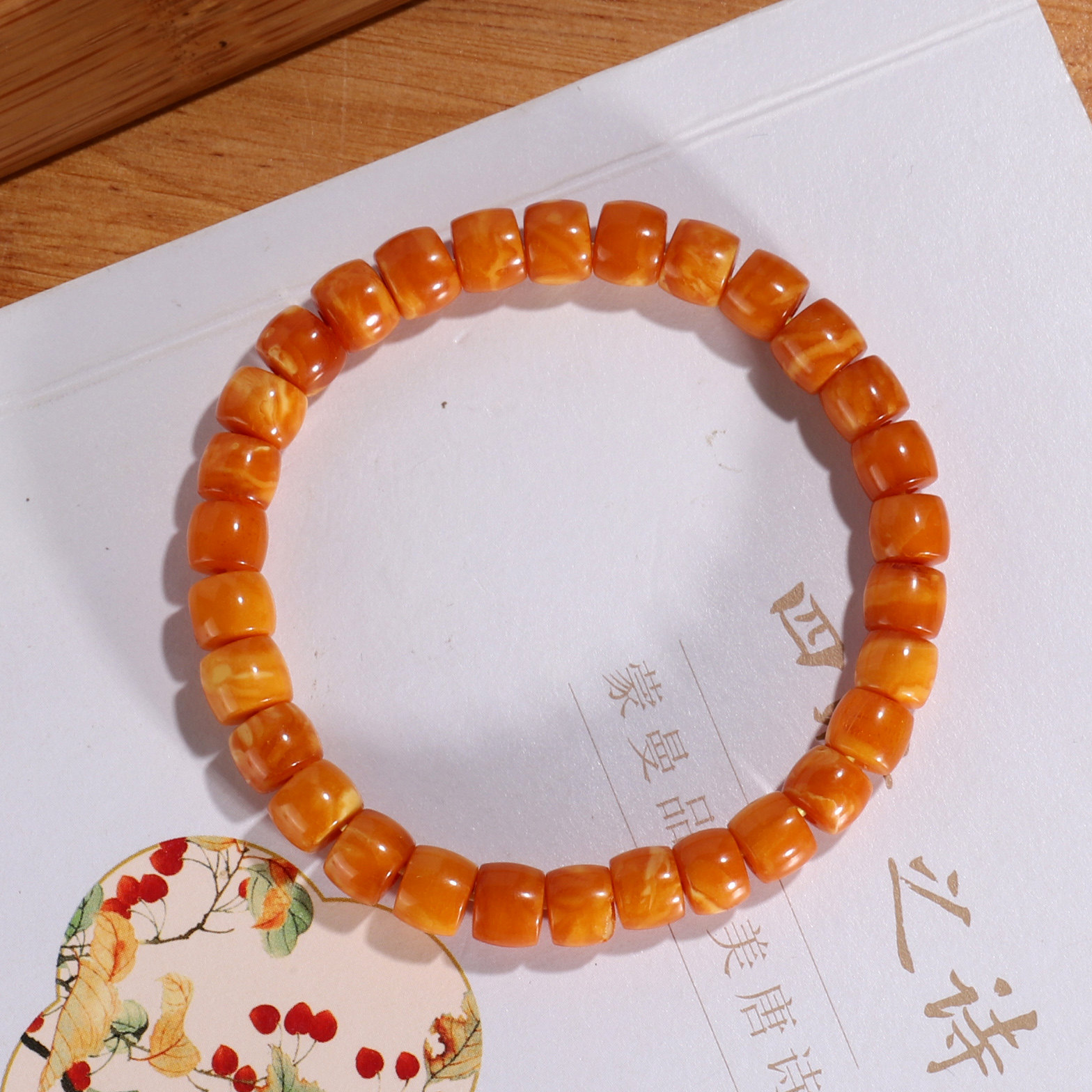 远廷-天然老蜜蜡直切手串7mm素圈俄料古董老蜡妖花鸡油黄手链WD17
