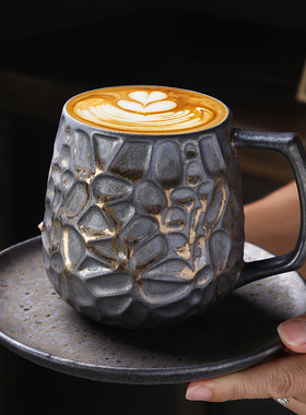 陶瓷大容量马克杯复古粗陶咖啡杯子高档精致拿铁杯设计感小众水杯