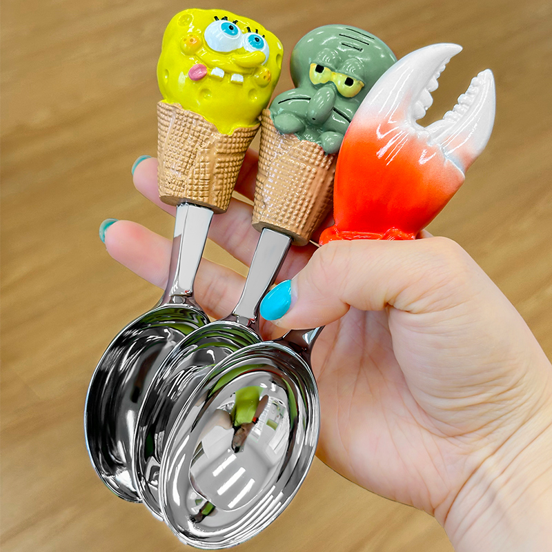 可爱卡通章鱼哥海绵宝宝勺子螃蟹汤匙儿童学生吃饭家用不锈钢勺子