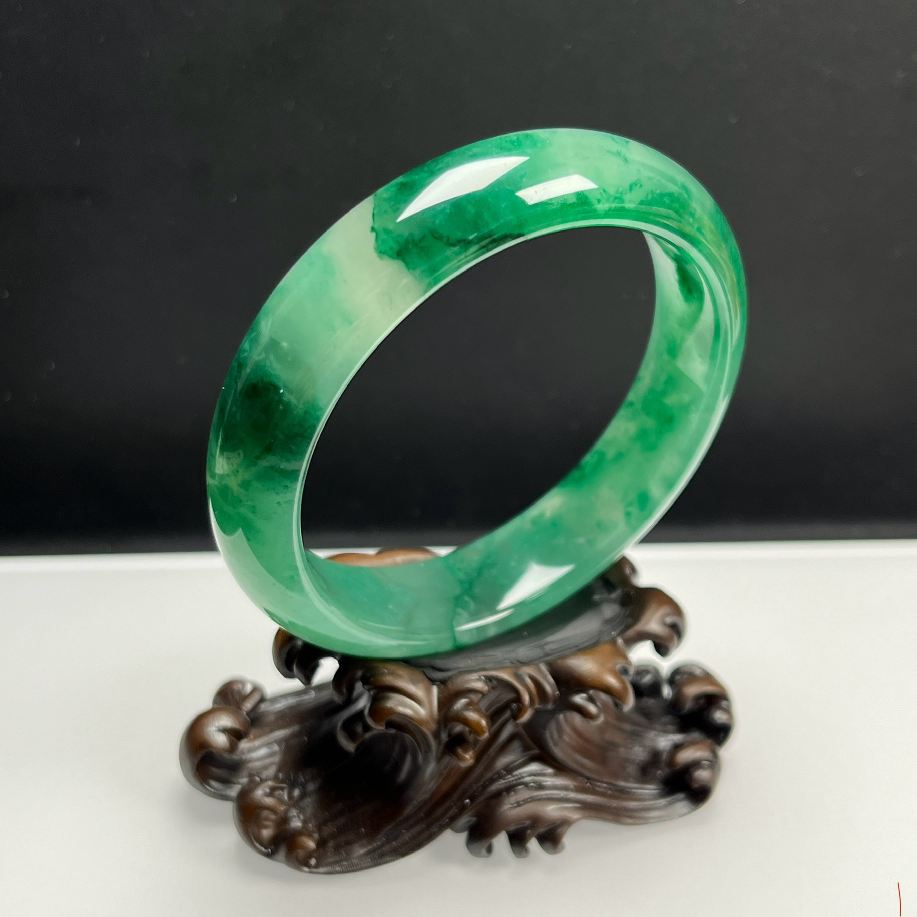 瑞皇翠 天然玉石精品珠宝冰飘翠绿色非洲翠手镯59 圈口玉镯独龙玉