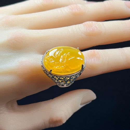 天然玉石精品珠宝缅料冰黄黄龙玉貔貅戒指男女活扣送礼