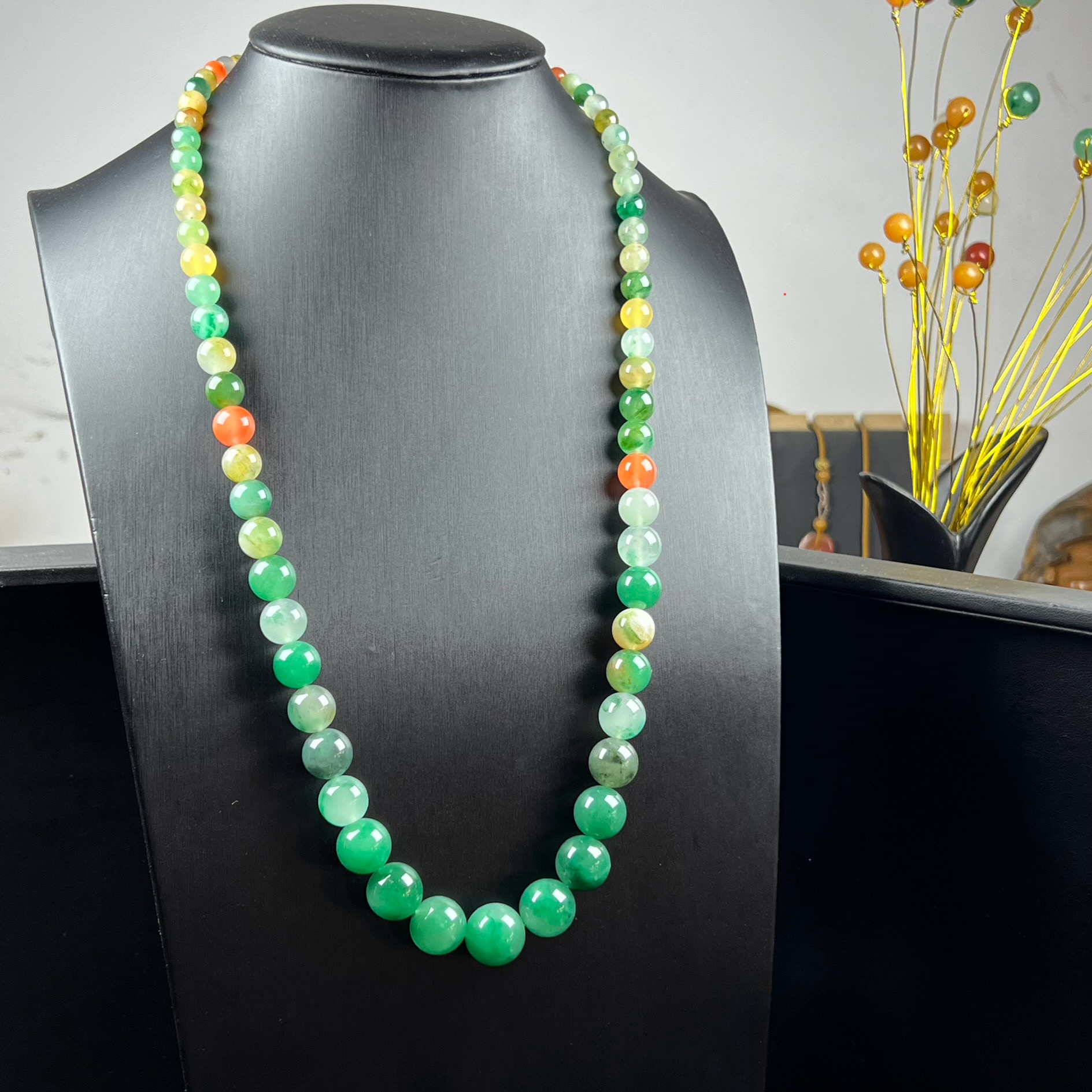 天然玉石高冰飘黄加绿非洲翠玉佛珠塔链5-15mm项链毛衣链多宝证书