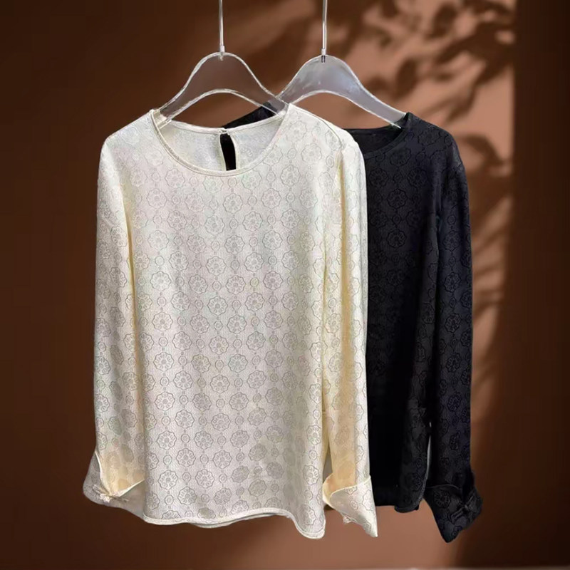 2026新款人丝提花新中式国风气质优雅圆领网红时尚休闲长袖上衣女