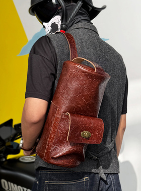 FANGO梵果国风唐草头层牛皮单肩包男士真皮圆桶胸包斜挎机车背包