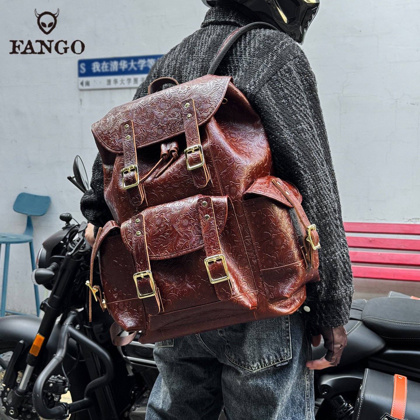 国风唐草牛皮伞兵双肩包男士手工复古真皮背包大容量旅行电脑包潮