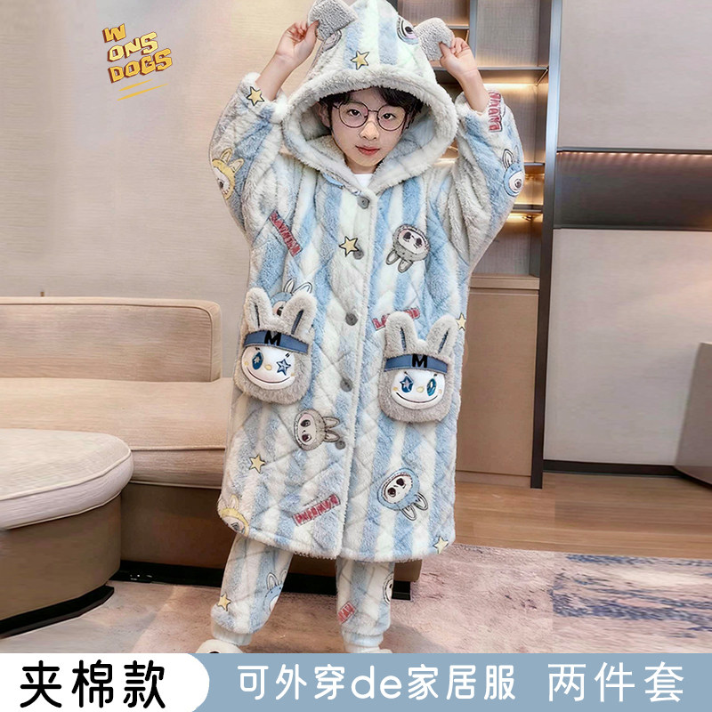 卡通夹棉加厚儿童睡衣男童睡袍冬季珊瑚绒男孩大童三层家居服套装