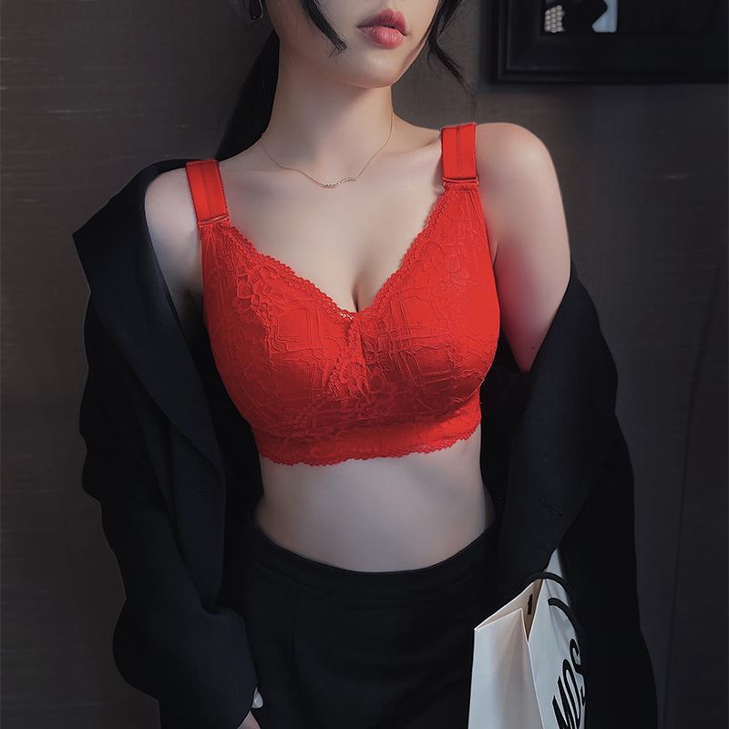 全罩杯缩胸本命年大红色内衣女结婚新娘文胸无钢圈大胸显小胸聚拢