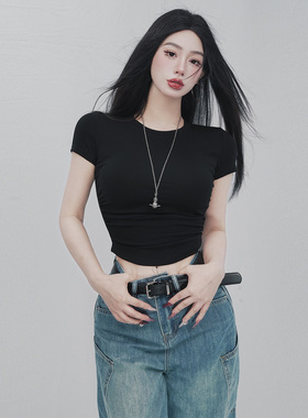 STYLE YINZ 辣妹圆领收腰短袖T恤女2026夏季新款修身显瘦百搭上衣