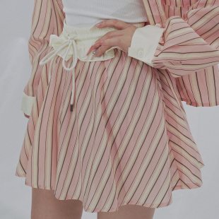 STYLE 日落加州粉色条纹Miu风半身裙女春夏抽绳系带A字短裙 YINZ
