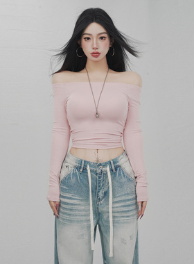 STYLE YINZ 韩式一字肩长袖T恤女2026春夏露背设计感修身百搭上衣