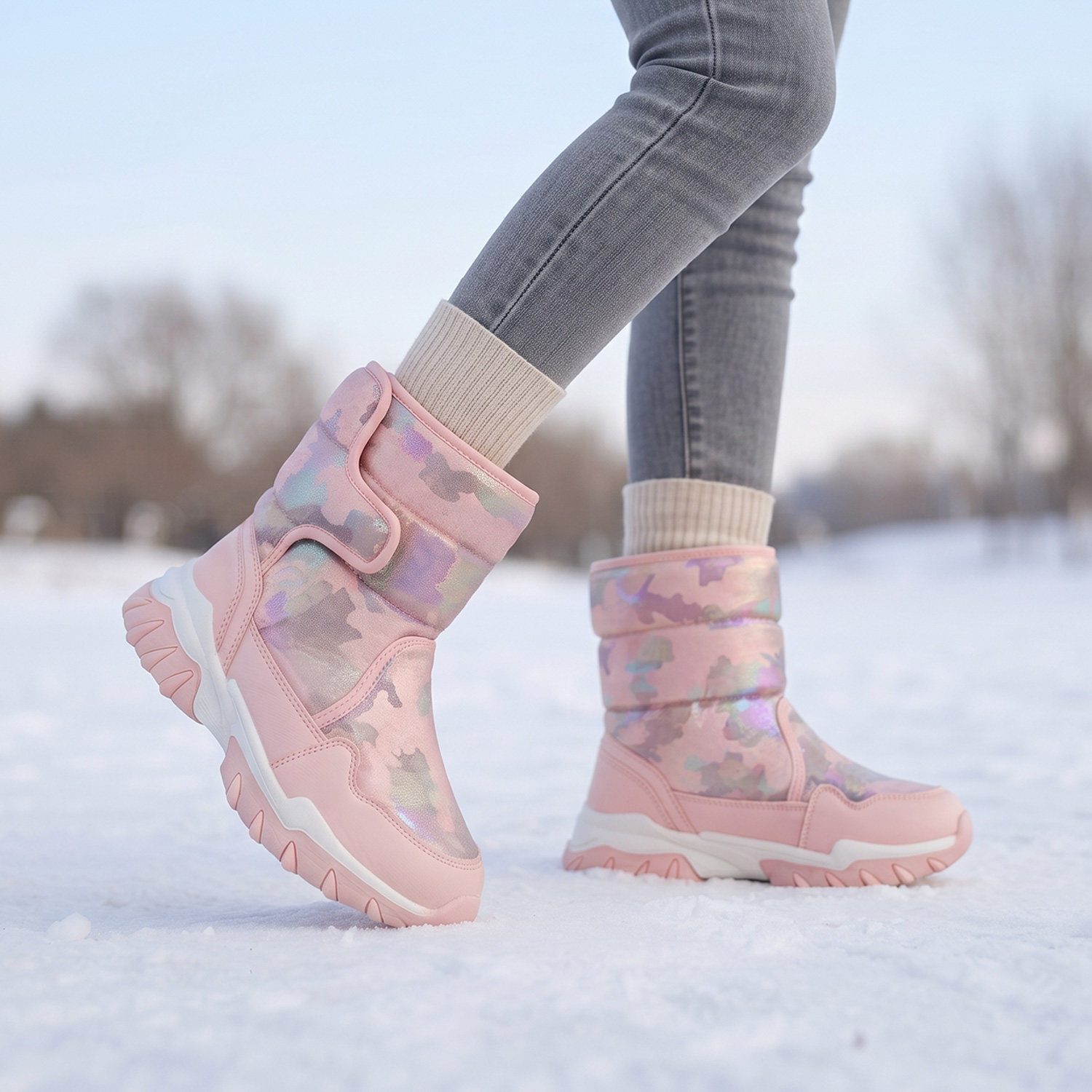 女童中筒加绒防滑防水雪地靴