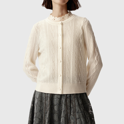 V*家新款手钩纽扣艺术肌理羊绒针织开衫4902A