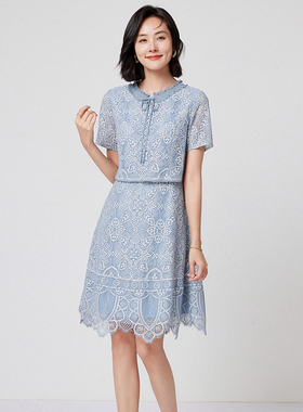 夏季新款气质修身减龄水溶蕾丝连衣裙中长款显瘦女23620