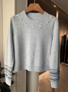 25秋冬新款羊毛羊绒费尔岛刺绣蓝色针织衫女4881C
