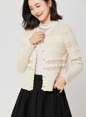 春季新款法式圆领镂空挑洞针织开衫短款长袖外搭30540