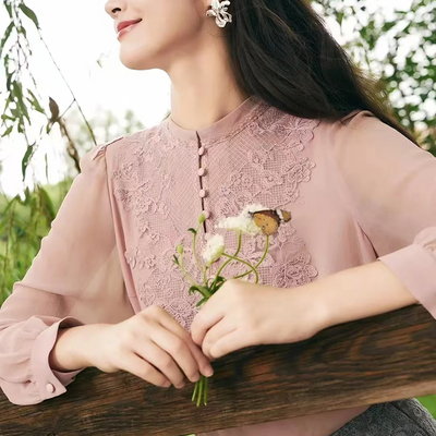 长袖100%桑蚕丝衬衣绣花