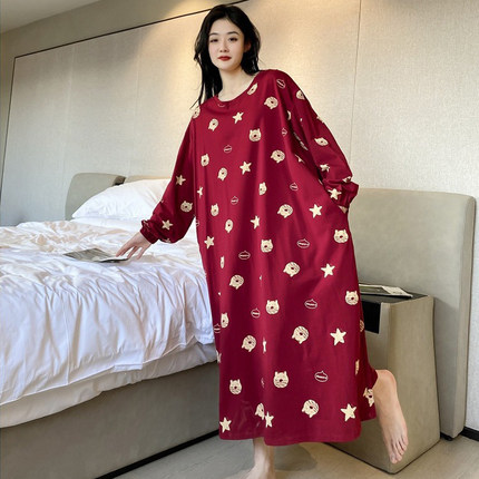 秋季加大码长袖睡衣女200斤胖MM纯棉睡裙孕妇长款长裙卡通家居服
