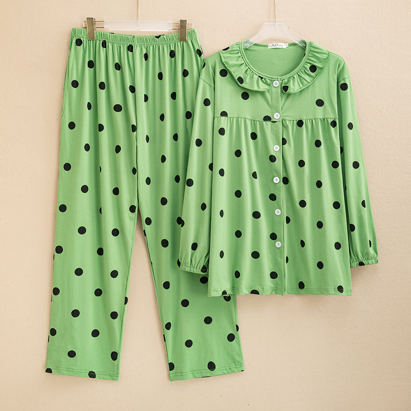 花边圆点红色纯棉长袖睡衣女士