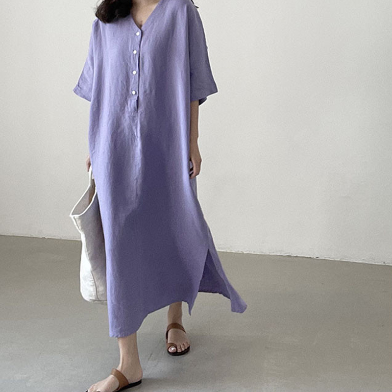 韩版慵懒长裙棉麻睡衣女士夏季宽松大码短袖睡裙个性胖MM家居裙子