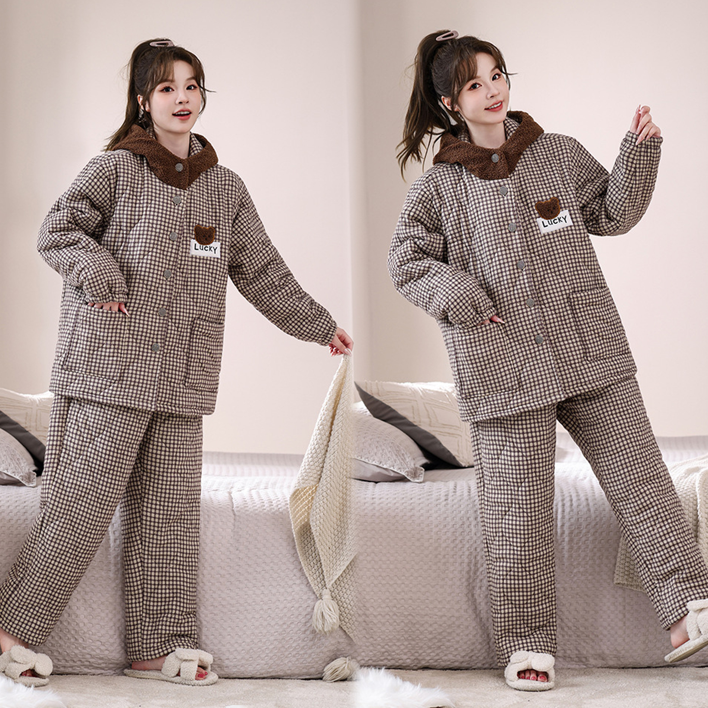 冬季加厚加绒夹棉睡衣女大码套装