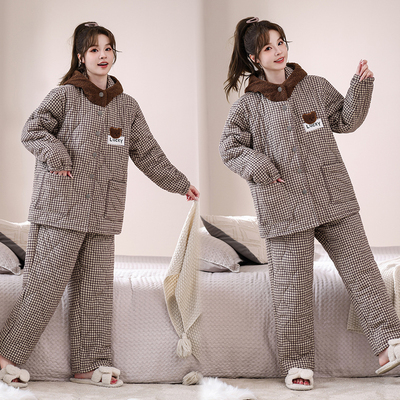 冬季加厚加绒夹棉睡衣女大码套装