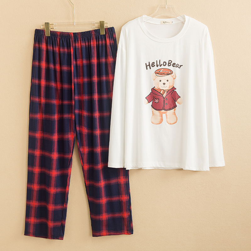 胖女孩卡通熊长袖长裤格子睡衣女