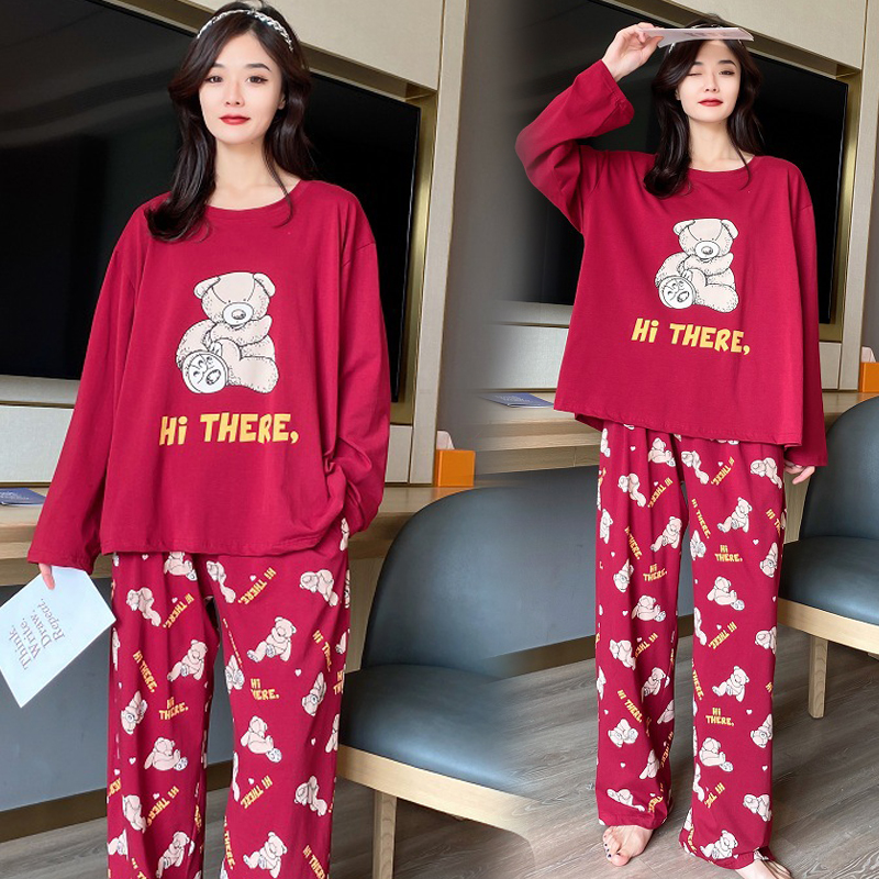 女士针织纯棉卡通长袖睡衣加大码