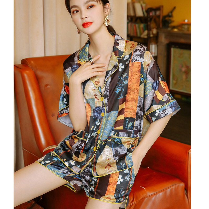 个性帅气西装领女士冰丝睡衣夏季时尚短袖短裤开衫外穿韩版家居服