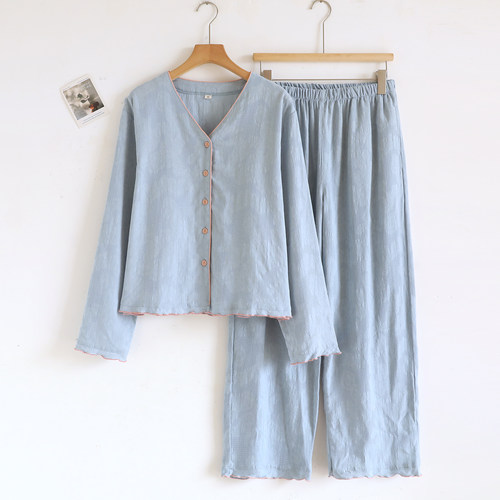 V领提花双层纯棉纱布春秋季睡衣女士2026新款长袖纯色家居服套装