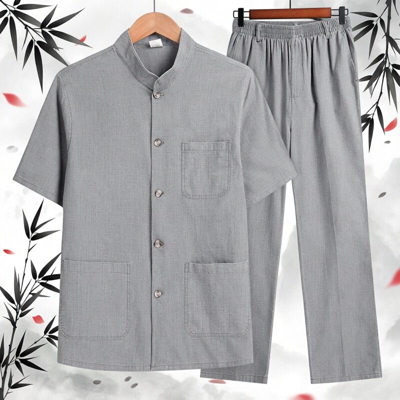 中老年夏装短袖衬衫唐装老人爷爷棉麻男士简约中山装爸爸装套装
