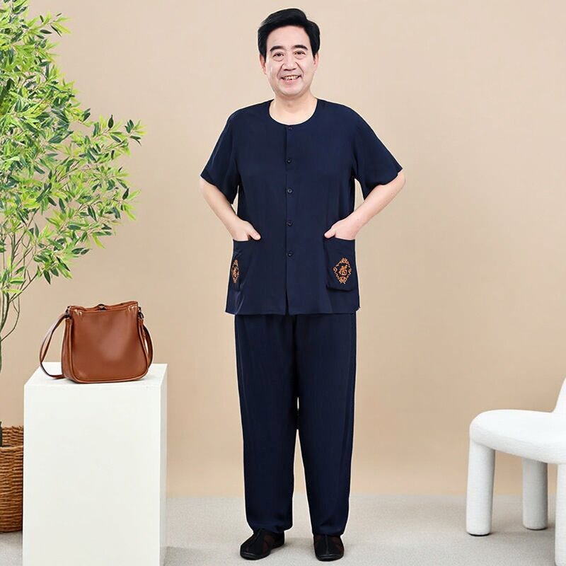 中老年男士短袖棉绸T恤爷爷开衫居家服套装唐装长裤爸爸休闲睡衣