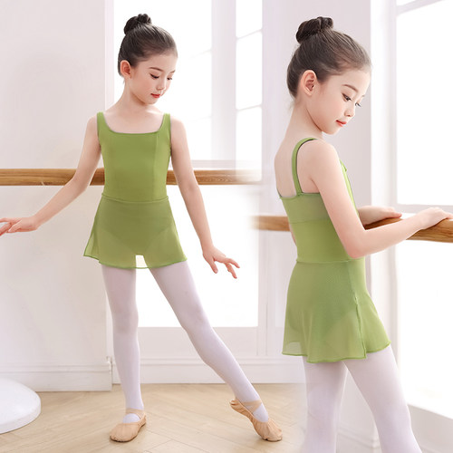 夏儿童芭蕾舞体服宽吊带连体裙幼儿连体跳舞服练功服女童牛油果绿