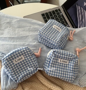 日系棉布蓝格小方包！质感多功能月事小包零钱女生日常杂物收纳袋