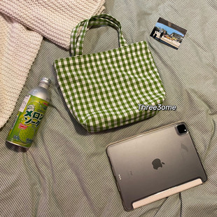 3oni家全棉质感手提包」遛街妈咪包绿色格子便当包收纳包双层升级