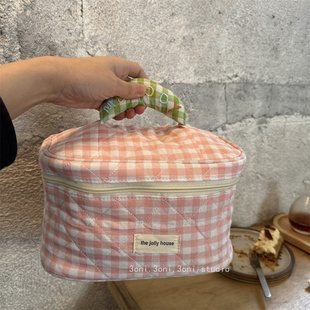 格子系列！粉搭绿配色很爱的化妆包便携大容量洗漱包手提收纳包