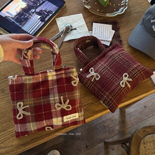 韩系蝴蝶结chao迷你手提袋可爱手拎小布袋～ 复古红格纹小提袋