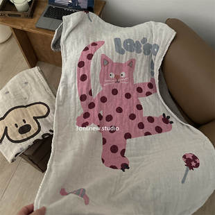 全棉！日系卡通4层棉麻纱布吸水浴巾车载御寒拍冷可爱薄毯子舒服