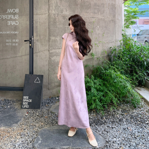 【新款】新中式紫色缎面提花旗袍连衣裙女 519-P145-K238，女装连衣裙，浙宝005