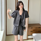 【现货】2026夏季新品灰色条纹短裤两件套005-698-P130-K188，女装套装/套裙，浙宝005