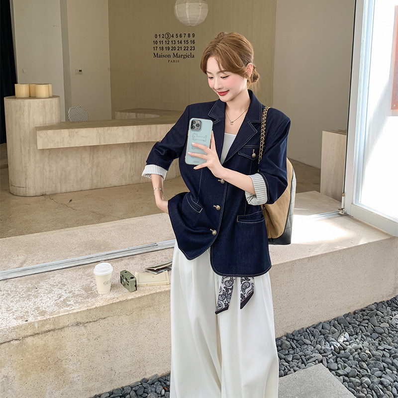 韩版复古牛仔西装外套女2025秋季新款通勤风设计感气质百搭夹克,女装短外套,浙宝005