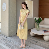 【新款大货出】新中式黄色刺绣提花旗袍裙女连衣裙526-P145-K238，女装连衣裙，浙宝005