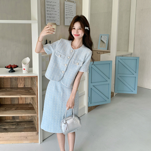 【新款大货出】小香风套装女2026夏浅蓝短袖两件套6205-P165-K268，女装套装/套裙，浙宝005