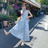 【新款】蓝色镂空绣花无袖连衣裙夏收腰背心长530-P135-K218，女装连衣裙，浙宝005
