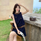 【新款已出货】复古无袖连衣裙女夏钉珠收腰A字短裙506-P165-K268，女装连衣裙，浙宝005