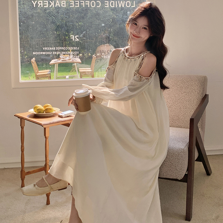 【现货】2025夏季新品米白色露肩连衣裙005-619-P135-K198，女装连衣裙，浙宝005