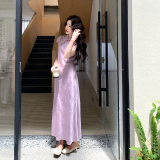 【新款】新中式紫色缎面提花旗袍连衣裙女519-P145-K238，女装连衣裙，浙宝005