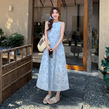 【新款】蓝色镂空绣花无袖连衣裙夏收腰背心长530-P135-K218，女装连衣裙，浙宝005