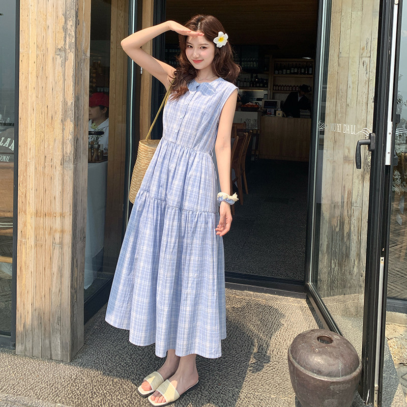 【大货已出】2026夏季新款格纹纯棉无袖连衣裙676-P130-K188，女装连衣裙，浙宝005